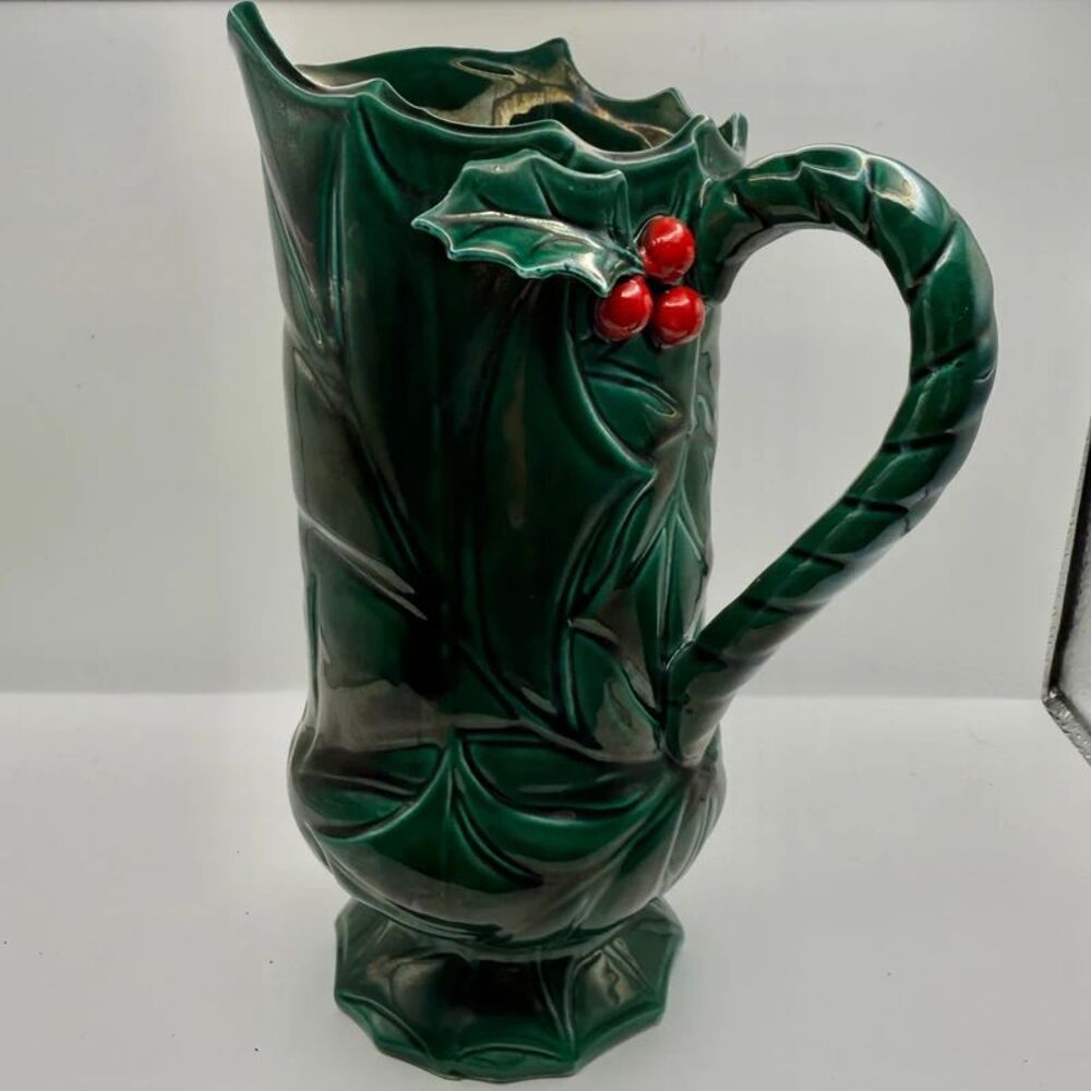 Vintage Lefton Green Holly Berry Pedestal Beverage Pitcher Model #4870